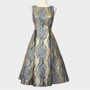 Adrianna Papell Gold and Gray Patterned Midi Dress